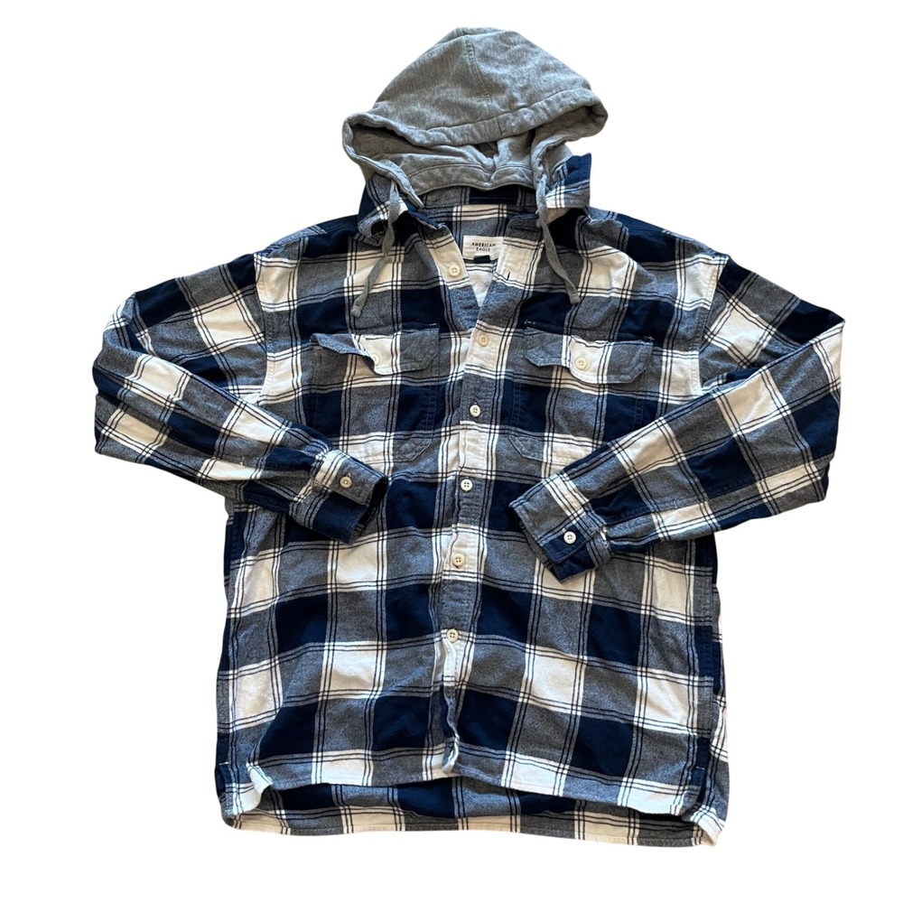American Eagle Mens Medium Navy White Plaid Hooded Flannel Shirt Super Soft M